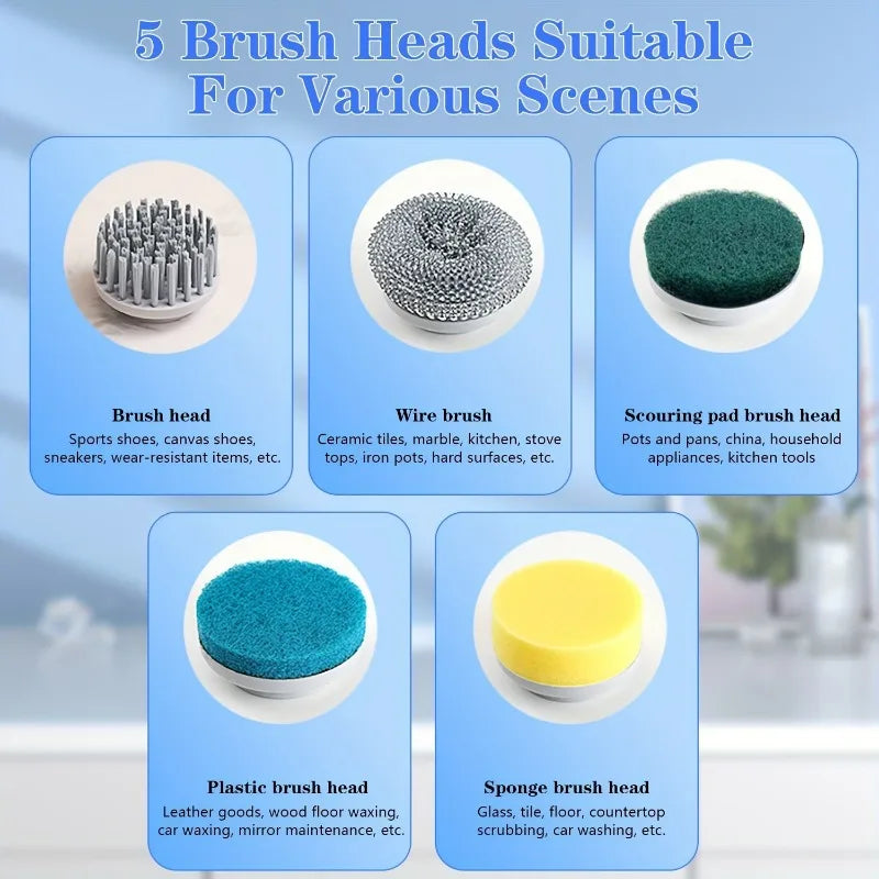 Electric Spin Scrubber With 5 Replaceable Brush Head, Three-Speed Adjustable Handheld Rechargeable Shower Scrubber – Cordless, Waterproof, Powerful Cleaning Brush for Bathroom, Kitchen, Toilet, Glass, Floor - HNspire